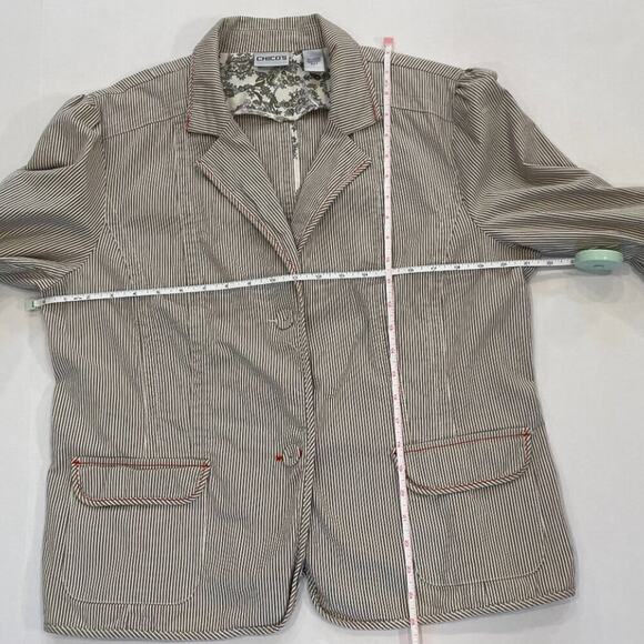 Chico's 2 Button Tan, White Textured Stripe Seersucker Jacket/Blazer, Size XL - Picture 13 of 15